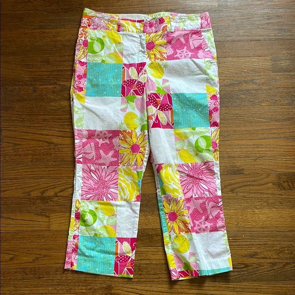 VintageβLilly Pulitzer Faux Patchwork Floral Capri Pants in Pink, Yellow & Aqua